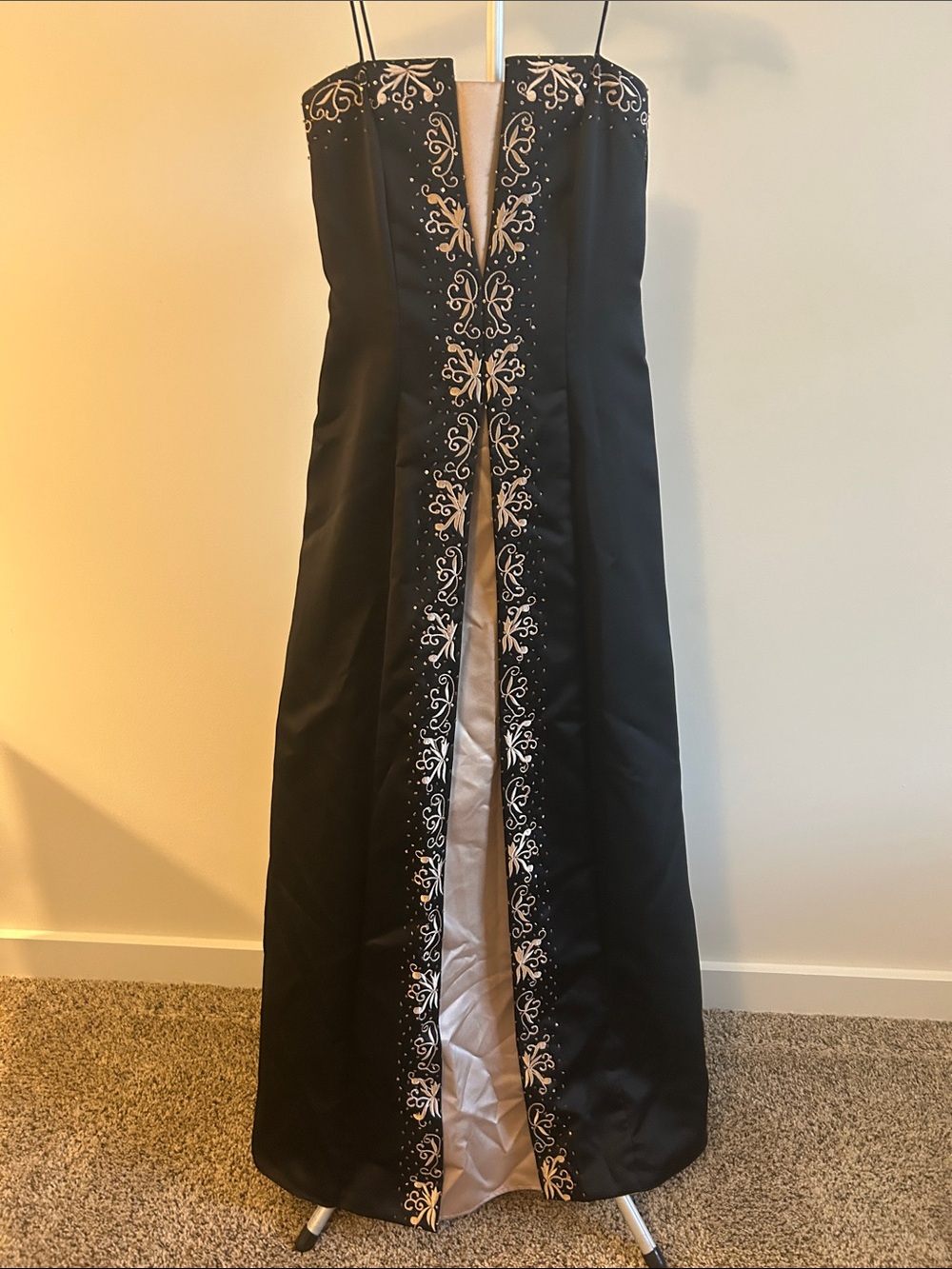 Black Strapless Evening Gown with Cream Embroidery